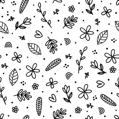 Cute floral seamless pattern with hand drawn black elements. Scandinavian style. Doodle flowers. vector illustrationのイラスト素材