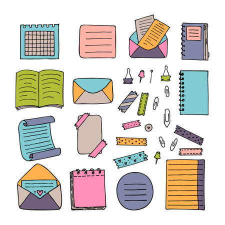 Hand drawn colored sheets of paper, documents, envelopes, notebook. stationery. Blank notes. vector illustrationのイラスト素材