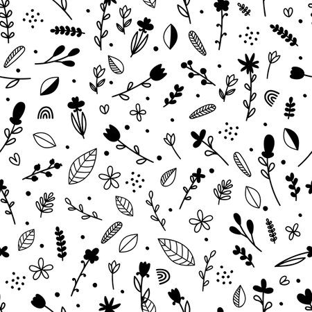 Floral seamless pattern with hand drawn elements. Scandinavian style. Cute doodle flowers. vector illustrationのイラスト素材