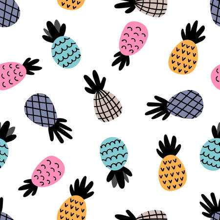 Seamless pattern with pineapples. Cute summer background with tropical fruit. vector illustrationのイラスト素材