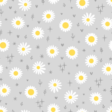 Cute seamless pattern with daisies. Floral print with chamomile. Design great for fabric, textile, wrapping paper. vector illustrationのイラスト素材