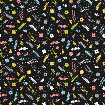 Cute floral seamless pattern with hand drawn elements. Scandinavian style. Spring. Doodle flowers. vector illustrationのイラスト素材
