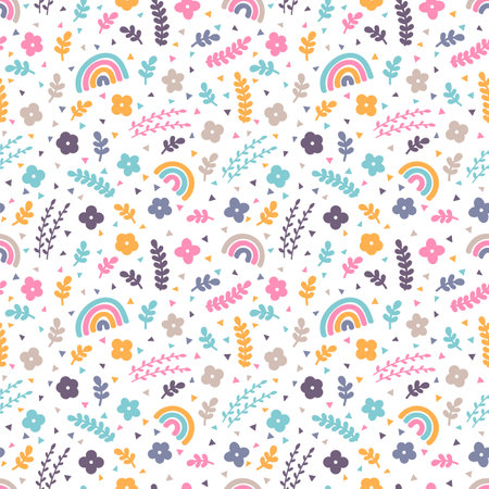 Cute floral seamless pattern with hand drawn elements. Spring. Rainbow, flowers. Scandinavian style. vector illustrationのイラスト素材