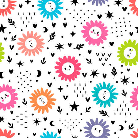 Cute seamless pattern with colored daisies. Great for fabric, wrapping paper, textile. Floral print with chamomile. vector illustrationのイラスト素材