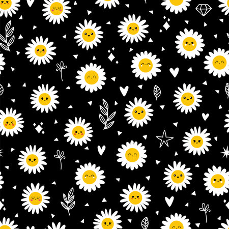Daisy flowers seamless pattern. Cute floral seamless pattern. Beautiful chamomile print great for fabric, textile, wrapping paper. vector illustrationのイラスト素材