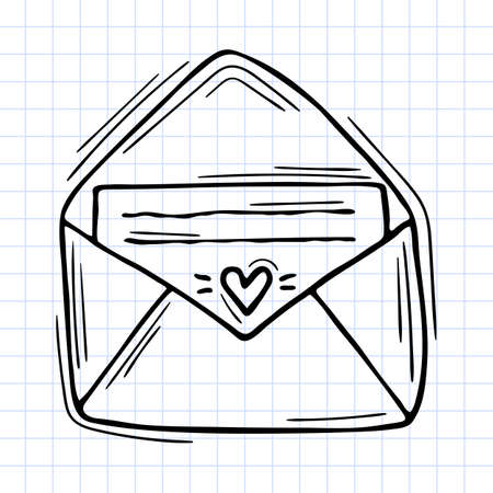 Hand drawn envelope with documents. outline icon. sketch style. Checkered background. vector illustrationのイラスト素材