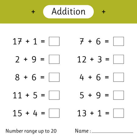 addition. Number range up to 20. Math worksheet for kids. Solve examples and write. Mathematics. Developing numeracy skills. vector illustrationのイラスト素材