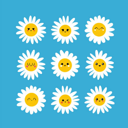 Chamomile emojis. Daisy flower. Kawaii set of cute characters. emotion collection. vector illustrationのイラスト素材