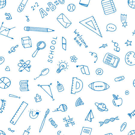 Hand drawn seamless pattern with school elements. Sketch, doodle. back to school background. vector illustrationのイラスト素材