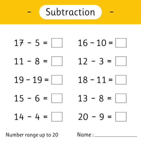 Subtraction. Number range up to 20. Math worksheet for kids. Mathematics. Solve examples and write. Developing numeracy skills. vector illustrationのイラスト素材
