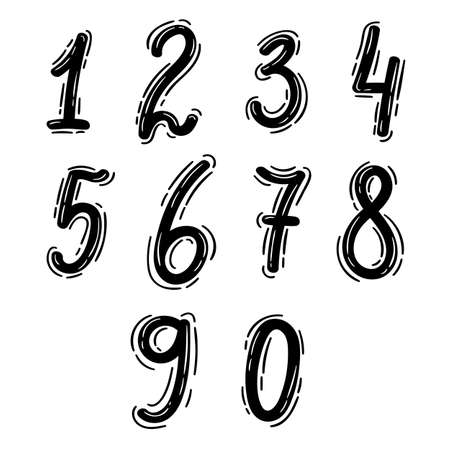 Set of hand drawn ten numbers from zero to nine. Numeral. Doodle style. Math. vector illustrationのイラスト素材