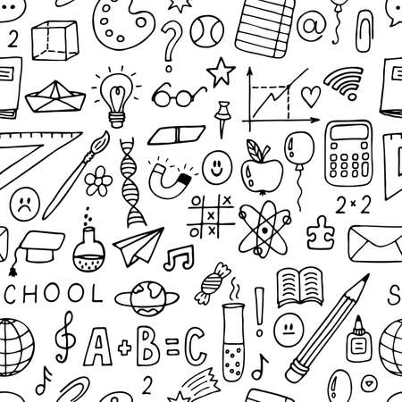 Hand drawn seamless pattern with school objects and symbols. back to school. sketch elements. vector illustrationのイラスト素材