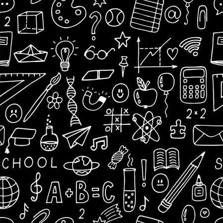 Hand drawn seamless pattern with school objects and symbols. back to school background. sketch elements. vector illustrationのイラスト素材