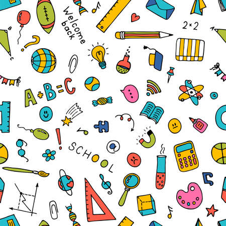 Seamless pattern with hand drawn school elements. back to school background. welcome back. vector illustrationのイラスト素材