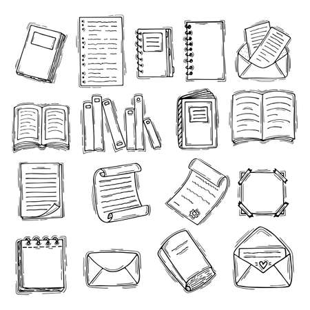 Hand drawn books, documents, notebook and sheets of paper. sketch. stationery. vector illustrationのイラスト素材