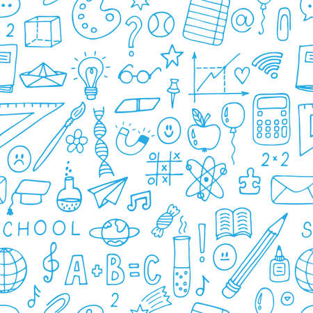 Hand drawn seamless pattern with school objects and symbols. sketch elements. back to school background. vector illustrationのイラスト素材