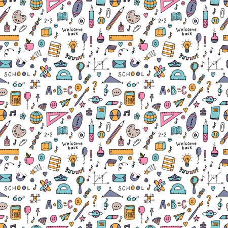 Seamless pattern with hand drawn school doodle elements. back to school background. welcome back. vector illustrationのイラスト素材