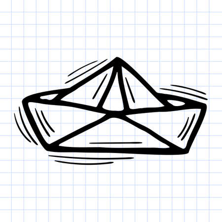 Hand drawn paper boat icon on checkered background. Sketch, doodle. vector illustrationのイラスト素材