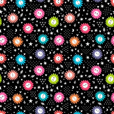 Cute seamless pattern with colored daisies. Floral print with chamomile. Great for wrapping paper, fabric, textile. vector illustrationのイラスト素材