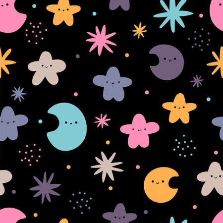 Cute seamless pattern with hand drawn elements. Scandinavian style. Moon, stars. Kawaii. vector illustrationのイラスト素材