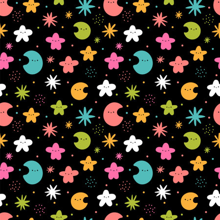 Cute seamless pattern with hand drawn elements. Kawaii. Scandinavian style. Moon, stars. vector illustrationのイラスト素材
