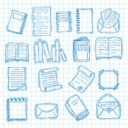Hand drawn books, documents, notebook and sheets of paper. Blue ink, outline sketch style. vector illustrationのイラスト素材