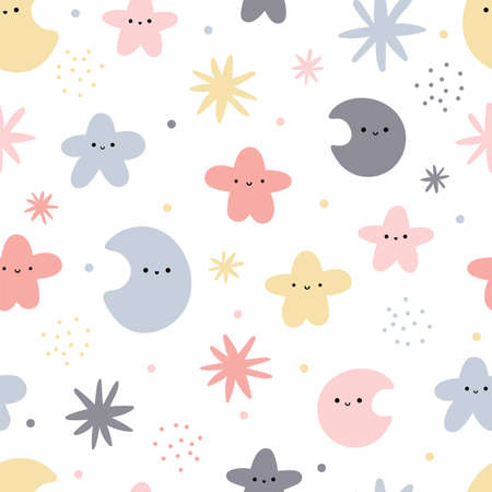 Cute seamless pattern with hand drawn elements. Scandinavian style. moon, stars. vector illustrationのイラスト素材