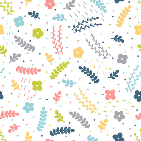 Cute floral seamless pattern with hand drawn elements. Doodle flowers. Scandinavian style. Spring. vector illustrationのイラスト素材