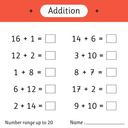 addition. Number range up to 20. Mathematics. Math worksheet for kids. Solve examples and write. Developing numeracy skills. vector illustrationのイラスト素材