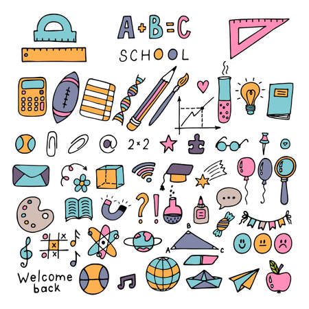 back to school. Hand drawn doodle colored set of school objects and symbols. sketch elements. education. vector illustrationのイラスト素材