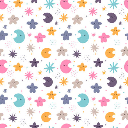 Cute seamless pattern with hand drawn elements. Scandinavian style. Kawaii. moon, stars. vector illustrationのイラスト素材