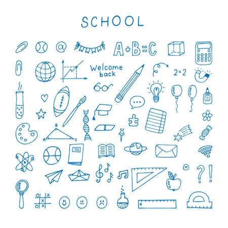 back to school. Hand drawn doodle set of school objects and symbols. sketch elements. education. vector illustrationのイラスト素材