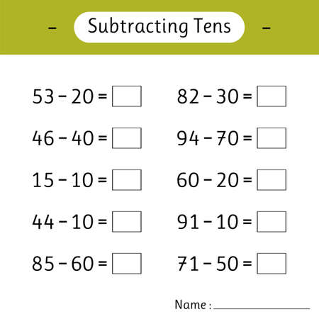 Subtracting Tens. Mathematics. Math worksheets for kids. school education. Development of logical thinking. vector illustrationのイラスト素材