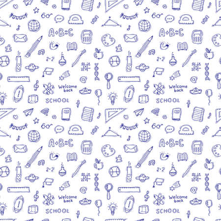 Seamless pattern with hand drawn educational school elements. back to school background. welcome back. vector illustrationのイラスト素材