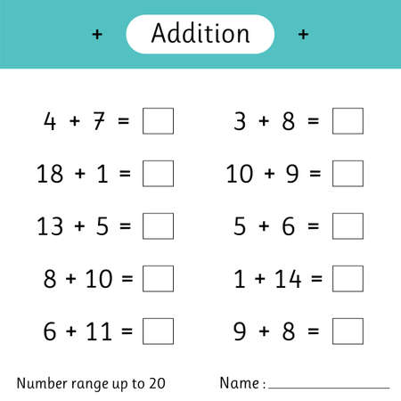 addition. Number range up to 20. Math worksheet for kids. Solve examples and write. Developing numeracy skills. Mathematics. vector illustrationのイラスト素材