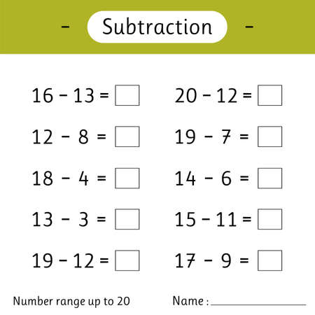 Subtraction. Number range up to 20. Math worksheet for kids. Solve examples and write. Developing numeracy skills. Mathematics. vector illustrationのイラスト素材