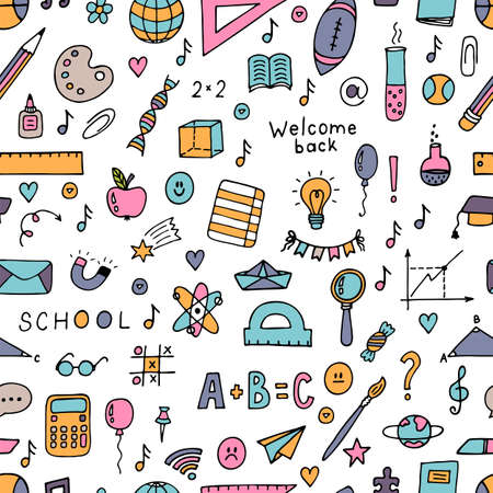 Seamless pattern with hand drawn school design elements. back to school background. welcome back. vector illustrationのイラスト素材