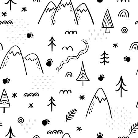 Seamless pattern with forest design. hand drawn background. Scandinavian style. woodland life. vector illustrationのイラスト素材