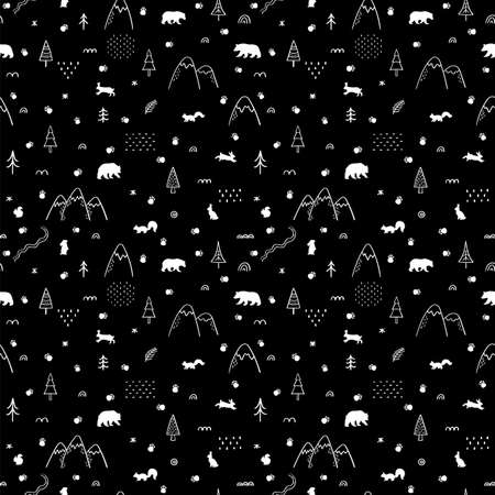 Seamless pattern with forest animals. hand drawn background. woodland life. vector illustrationのイラスト素材