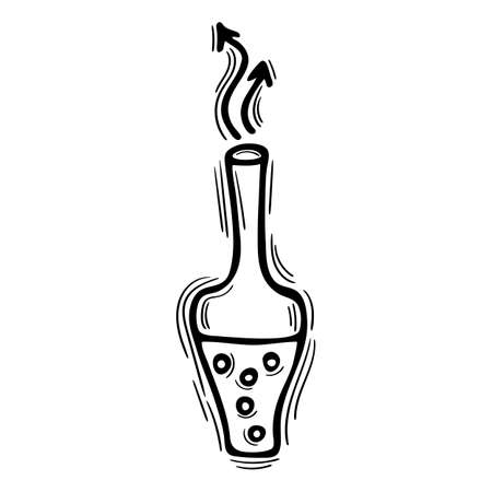 Hand drawn magic bottle with love potion. Witchcraft. Doodle alchemist bottle with elixir, poison, antidote. vector illustrationのイラスト素材