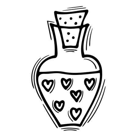 Hand drawn magic bottle with love potion. Doodle alchemist bottle with elixir, poison, antidote. Witchcraft. vector illustrationのイラスト素材