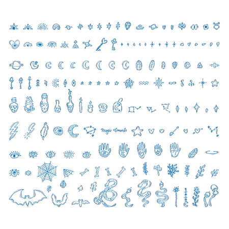 Mystical hand drawn elements. Magic, witchcraft, esoteric icons set. Doodle style. Halloween. vector illustrationのイラスト素材