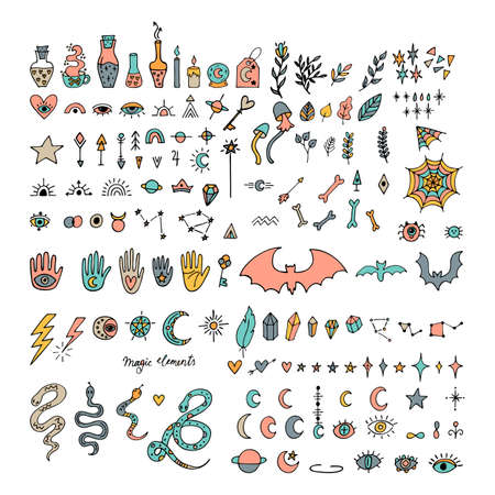 Mystical hand drawn elements. Halloween. Magic, witchcraft, esoteric icons set. Doodle style. vector illustrationのイラスト素材