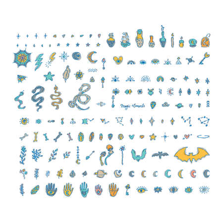 Witchcraft doodle set. Sketch magician symbols. Hand drawn collection of halloween and magic elements. vector illustrationのイラスト素材