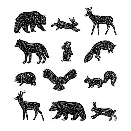 Forest animals with floral elements. hand drawn silhouettes. wild woodland animals. Flourish ornament. vector illustrationのイラスト素材