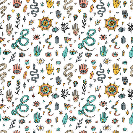 Hand drawn magical seamless pattern. witchcraft print. Halloween. Doodle boho style. Mystical esoteric background. vector illustrationのイラスト素材