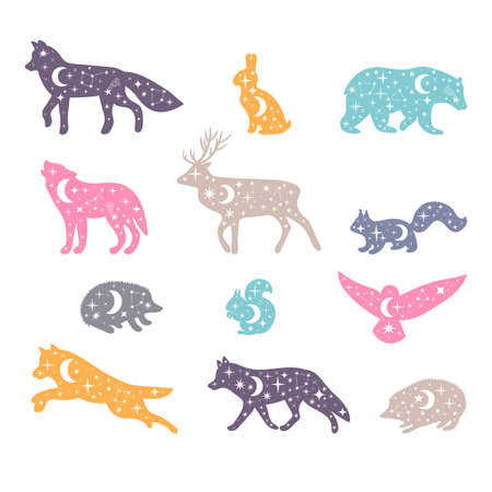 Celestial forest animals. hand drawn silhouettes. wild woodland animals. universe. vector illustrationのイラスト素材