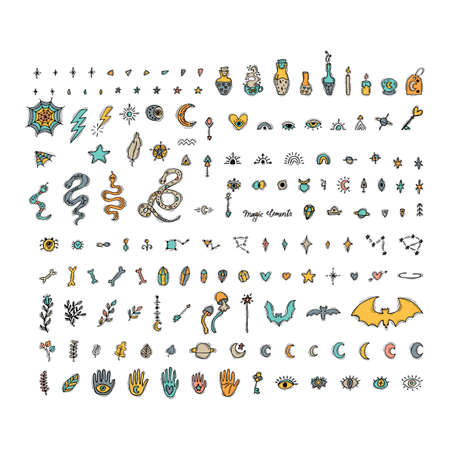 Big set of hand drawn magic elements. Esoteric concept. magic witch collection. Boho style. vector illustrationのイラスト素材