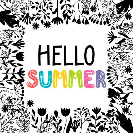 hello summer. Inspirational and motivating phrase. Quote, slogan. Lettering design for poster, banner, postcard. vector illustrationのイラスト素材