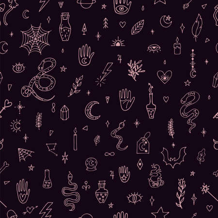 Magical hand drawn seamless pattern. Doodle boho style. Mystical esoteric background. Halloween. witchcraft print. vector illustrationのイラスト素材
